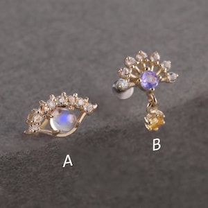 14K Solid Gold Tanzanite with Citrine Flower Piercing, Moonstone Evil Eye Cartilage Helix Tragus Conch Earring, Threadless Flat Back Stud