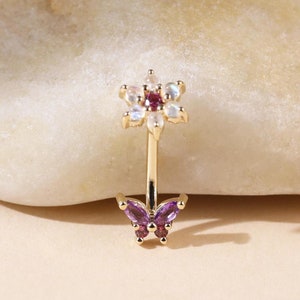 14K Solid Gold Moonstone Flower Rook Piercing, Amethyst Butterfly Curved Barbell Earring, Rhodolite Garnet Internally Threaded Belly Ring