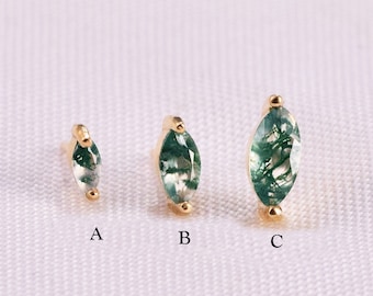 14K Gold Marquise Moss Agate Earring Tiny Marquise Cartilage Earring Helix Stud Threadless Push Pin Stud Tragus Stud Flat Back Earring 20g