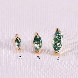 14K Gold Marquise Moss Agate Earring Tiny Marquise Cartilage Earring Helix Stud Threadless Push Pin Stud Tragus Stud Flat Back Earring 20g