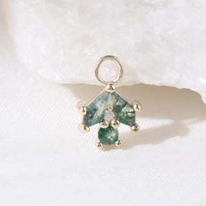 14K Solid Gold Moss Agate with Moissanite Charm, Diamond Huggie Cartilage Hoop Earring Charm, Conch Helix Rook Ring Piercing Dangle Charm