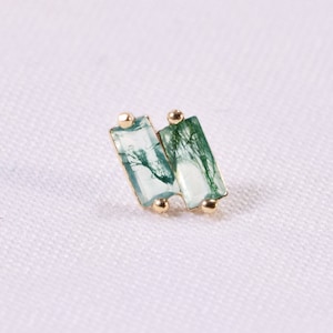 14k Solid Gold Moss Agate Double Baguette Stud Earring Cartilage Stud Tiny Conch Earring Helix Tragus Labret Stud Threadless Push Pin