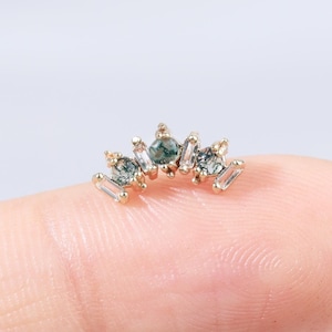 14K Solid Gold Moss Agate And White Topaz Threadless Push Pin Stud, Gold Dainty Lotus  Earring Cartilage Helix Conch Earring Flat Back