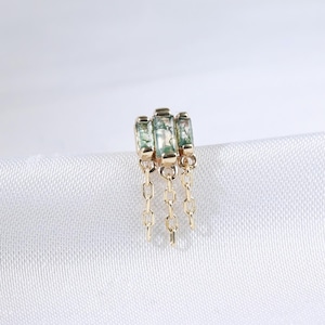 14K Solid Gold Dangle Baguette Moss Agate Flat Back Stud, Dangle Chain Nose Helix Piercing, Cartilage Conch Tragus Earlobe Push Back Earring