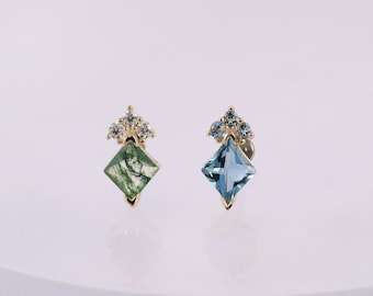 14K Solid Gold Square Moss Agate with Moissanite Earring, London Blue Topaz with Swiss Blue Topaz Helix Earring, Gemstone Flat Back Earring