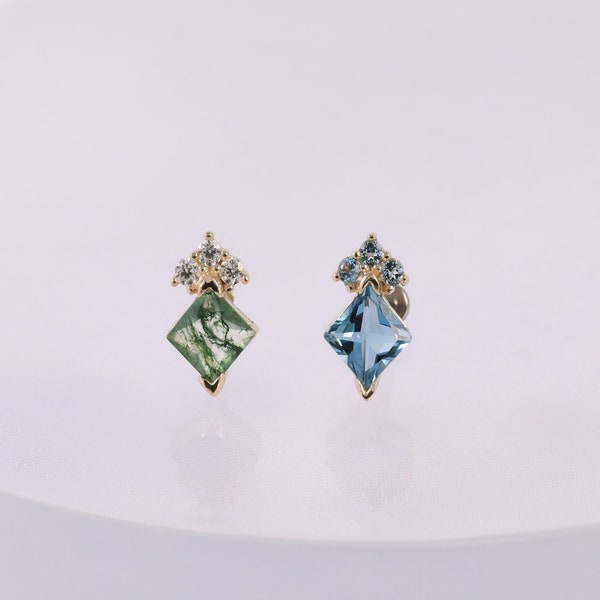 14K Solid Gold Square Moss Agate with Moissanite Earring, London Blue Topaz with Swiss Blue Topaz Helix Earring, Gemstone Flat Back Earring