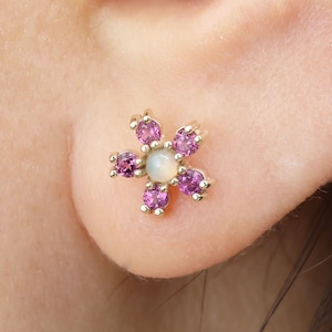 14K Solid Gold Rhodolite Garnet with Opal Floral Earring, Gemstone Flower Helix Stud, Cartilage Piercing, Threadless Stud, Flat Back Earring