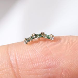 14K Solid Gold Moss Agate with Moissanite Climber Earring, Helix Cartilage Gemstone Cluster Stud, Diamond Tragus Labret Threadless Push Pin