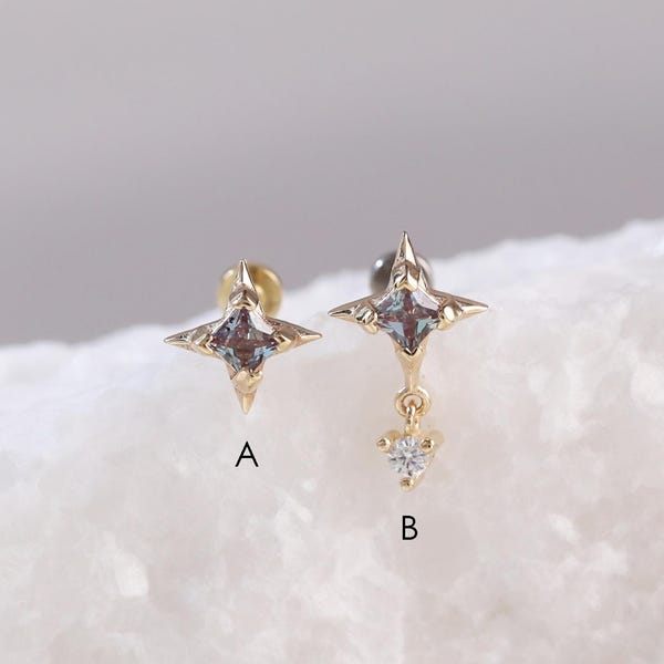 14K Solid Gold Alexandrite Star Cartilage Piercing: Threadless Flat Back Stud, Celestial Helix Tragus Jewelry