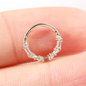 14K Solid Gold White Topaz with Moissanite Daith Septum Ring, Diamond Nose Helix Cartilage Hoop, Cluster Lobe Hinged Seamless 18G Clicker