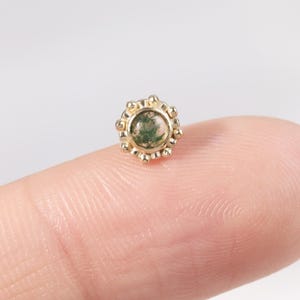 14K Solid Gold Round Moss Agate Bloom Earring, Dainty Sunflower Conch Helix Push Back, Threadless End Cartilage Earlobe Nose Labret Stud