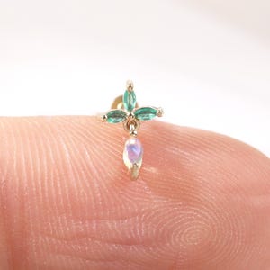 14K Solid Gold Lily Green Chrysoprase with Opal Earring, Gold Dangle Lily Helix Cartilage Tragus Earlobe Threadless Push Pin Jewelry