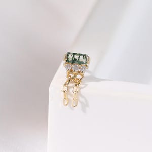 14K Solid Gold Moss Agate with Moissanite Earring, Diamond Dangle Chain Helix Flat Back, Cartilage Lobe Tragus Chain Threadless Pin Piercing