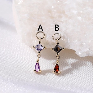 14K Solid Gold Smoky Quartz with Garnet Cartilage Belly Ring Huggie Charm, Iolite with Amethyst Lobe Hoop Clicker Rook Dangle Earring Charm
