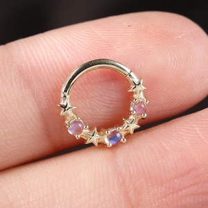 14K Solid Gold Moonstone Star Daith Septum Ring, Celestial Hinged Tragus Conch Clicker, Star Daith Helix Seamless Hoop Clicker Nose Ring 16G