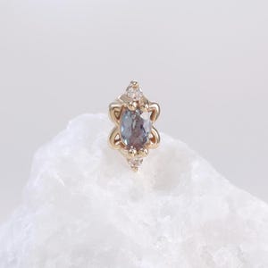 Solid 14K Gold Alexandrite & Moissanite Stud Earring: Gemstone Flower Cartilage Conch Flat Back Piercing