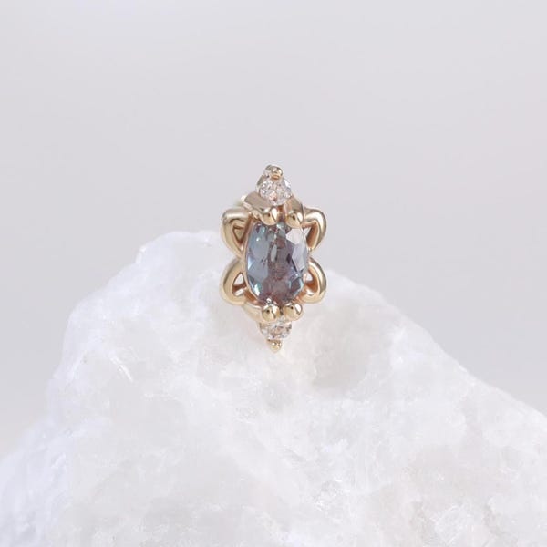 Solid 14K Gold Alexandrite & Moissanite Stud Earring: Gemstone Flower Cartilage Conch Flat Back Piercing