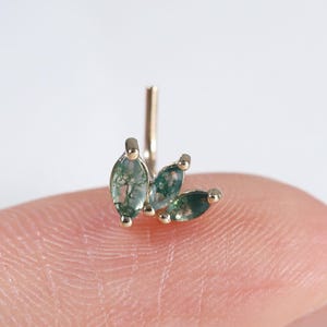 14K Solid Gold Moss Agate L-Shaped Nose Stud, Gemstone Fan Shaped Nose Piercing, Unique L Thin Septum Ring, Fan Shaped Nose Jewelry 20G
