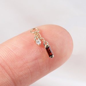 14K Solid Gold Garnet with Moissanite Dangle Charm, Diamond Rook Huggie Hoop Barbell Charm, Lobe Helix Cartilage Belly Ring Piercing Charm