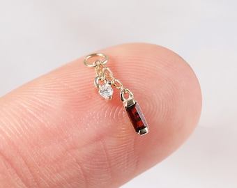 14K Solid Gold Garnet with Moissanite Dangle Charm, Diamond Rook Huggie Hoop Barbell Charm, Lobe Helix Cartilage Belly Ring Piercing Charm