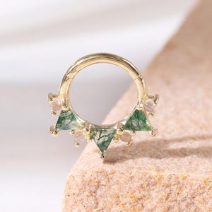 14K Solid Gold Moonstone with Moss Agate Septum Ring, Gemstone Flower Hinged Segment Ring 16G, Spike Daith Cartilage Helix Clicker Hoop