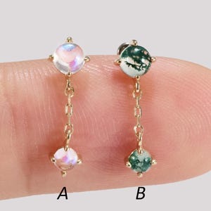 14K Solid Gold Moss Agate Dangle Chain Helix Stud, Moonstone Cartilage Helix Conch Piercing, Tragus Drop Gemstone Flat Back Push Pin Earring