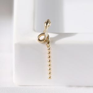 14K Solid Gold Snake Helix Push Back, Dangle Chain Serpent Cartilage Flat Back Stud, Gold Drop Bead Chain Snake Threadless Push Pin Piercing