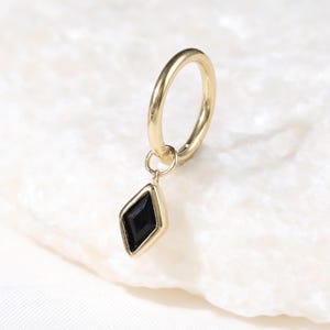 14K Solid Gold Dangle Black Onyx Piercing Charm, Dangle Chain Hoop Clicker Charm, Kite Shaped Charm, Huggie Rook Ring Daith Helix Charm