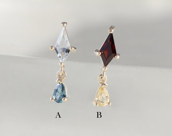 14K Solid Gold Kite Shape Garnet Dangle Earring, Sky Blue Topaz Cartilage Piercing, Gemstone Helix Stud, Labret Stud, Flat Back Earring