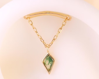14K Solid Gold Kite Shape Moss Agate Dangle Piercing, Green Gemstone Chain Industrial Barbell Earring, Floating Natural Drop Stud Jewelry