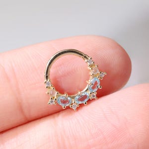 14K Solid Gold Swiss Blue Topaz with Moonstone, Moissanite Hinged Clicker, Dainty Natural Gemstone Nose Clicker, Cartilage Hoop Earring