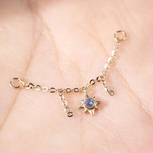 14K Solid Gold Moonstone Star Helix Cable Chain, Celestial Gemstone Industrial Piercing Chain, Dangle Conch Cartilage Nose Chain Attachment