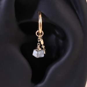 14K Solid Gold Dangle Labradorite Charm, Cubic Gemstone Hoop Piercing Jewelry