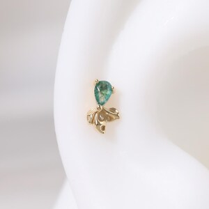 14K Solid Gold Fish Shape Moss Agate Earring, Real Gold Tragus Helix Threadless Pin Earring, Cartilage Earlobe Conch Animal Push Back Stud