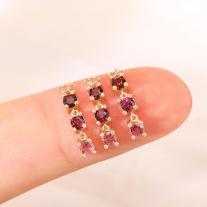 14K Solid Gold Dangle Garnet with Rhodolite Garnet Rook Charm Jewelry, Gradient Pink Tourmaline Helix Cartilage Huggie Belly Ring Hoop Charm