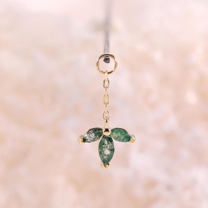 14K Solid Gold Dangle Clover Moss Agate Charm, Gold Leaf Conch Helix Huggie Ring Earring Charm, Lobe Cartilage Belly Hoop Pendant Piercing