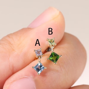 14K Solid Gold Peridot with Diopside, Iolite with Swiss Blue Topaz Stud, Gold Dangle Conch/ Helix/Tragus Flat Back Earring/Threadless Pin
