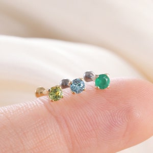 14K Solid Gold Chrysoprase Cartilage Piercing, Peridot Helix Stud, Gemstone Conch Earring, Round Stud Earring,Flat Back Earring