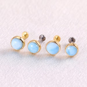 Piercing per elica con parte posteriore piatta in oro massiccio 14k e larimar, perno per labbro, trago, con pietra preziosa di diverse dimensioni, orecchino con perno a pressione senza filettatura per cartilagine e lobo dell'orecchio