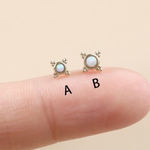 14K Solid Gold Opal Square Shaped Helix Earring, Gold Opal Cartilage Threadless Push Pin Stud, Tragus Labret Conch Earlobe Flat Back Stud