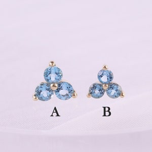 14K Gold Swiss Blue Topaz Triangle Cluster Floral Stud Earring Gemstone Threadless Push Pin Three Stone Cartilage Helix Flat Back Earring