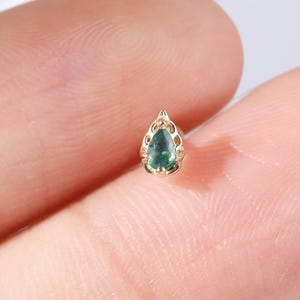 14K Solid Gold Pear Moss Agate Push Back Stud, 14K Cartilage Frontal Helix Threadless Pin Stud, Helix Conch Labret Tragus Flat Back Piercing