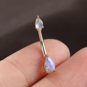 14K Solid Gold Blue Labradorite Belly Button Ring, Gold Teardrop Labradorite Curved Barbell Navel Ring, 14G Gemstone Threaded Navel Piercing