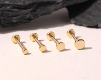 14K Solid Gold Tiny Disc Helix Tragus Threadless Push Pin Ohrring, Gold Flach Rund Dot Knorpel Nase Kreis Labret Conch Flachboden Bolzen