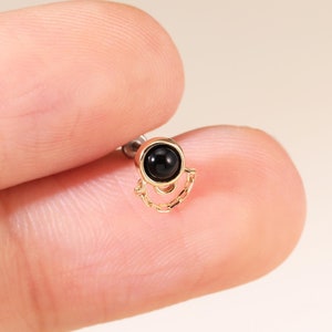 14K Solid Gold Dangle Black Onyx Chain Stud Piercing, Gold Drop Stud, Gemstone Threadless Push In Labret, Tragus Earring, Flat Back Earring