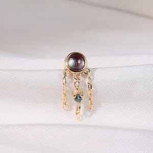 14K Solid Gold Alexandrite Dangle Earring, Bezel Setting Helix Alexandrite Push Pin Stud, Dangle Chain Earlobe Tragus Cartilage Jewelry