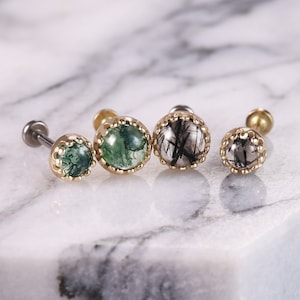 14K Solid Gold Moss Agate Cartilage Stud, Round Black Hair Quartz Tragus Threadless Push End, Black Rutilated Quartz Helix Labret Conch Stud