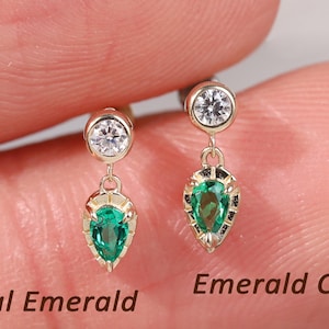 14K Solid Gold Real Emerald Dangle Cartilage Stud, Dangle Leaf Threadless Push Back Piercing, Flat Back Earlobe Tragus Conch Helix Earring