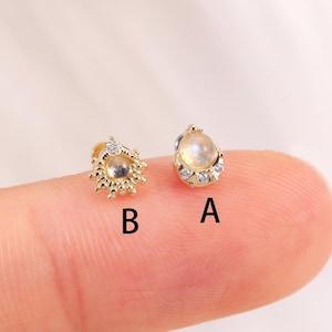 14K Solid Gold Moonstone with Moissanite Stud, Gold Shining Conch Piercing, Gemstone Helix Threadless Flat Back Earring, Push Back Earring