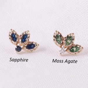 14K Solid Gold Moss Agate with Moissainte Leaf Stud, Marquise Sapphire Lucky Clover Cartilage Piercing, Threadless Lobe Helix Conch Piercing
